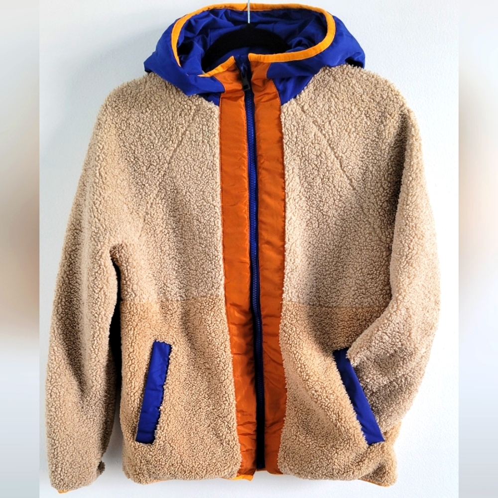 Zara Teen Sherpa Jacket with Hood Pockets - Blue Orange Beige
